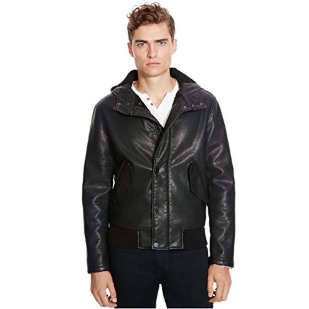 Kenneth Cole NEW $235 Men's Faux-Leather Hooded Bomber Jacket, Black (Large)
